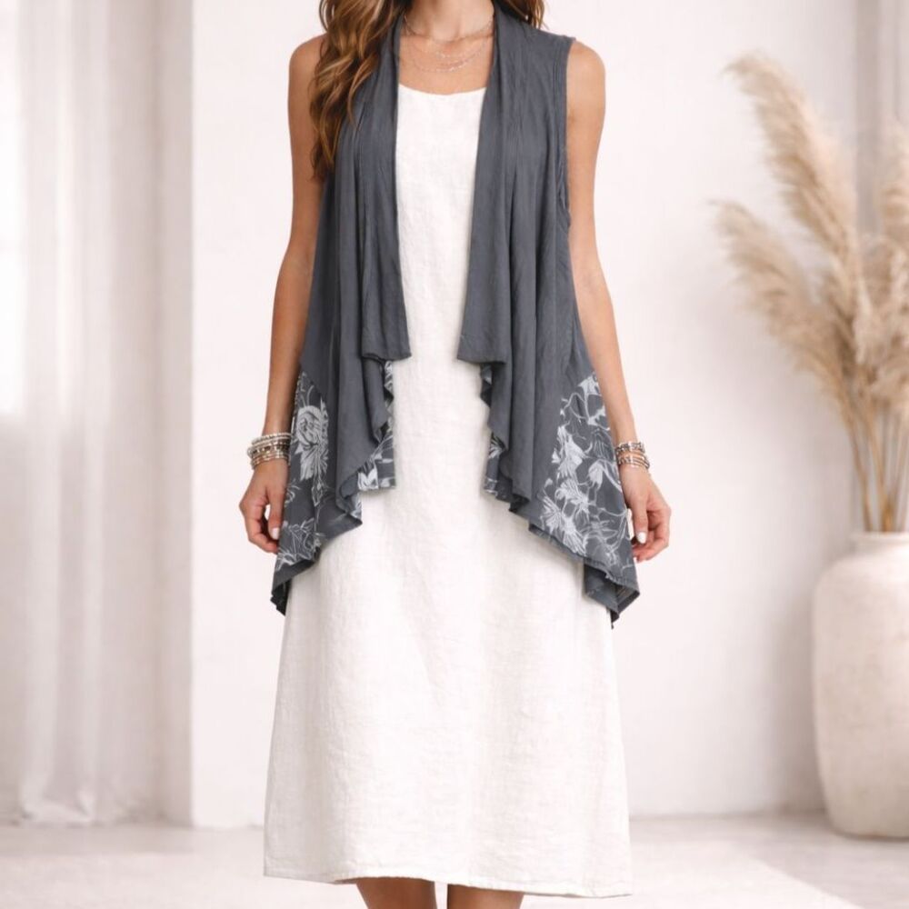Chalet Grey print  Draped Jersey Knit Longline Vest Sleeveless Cardigan Size M